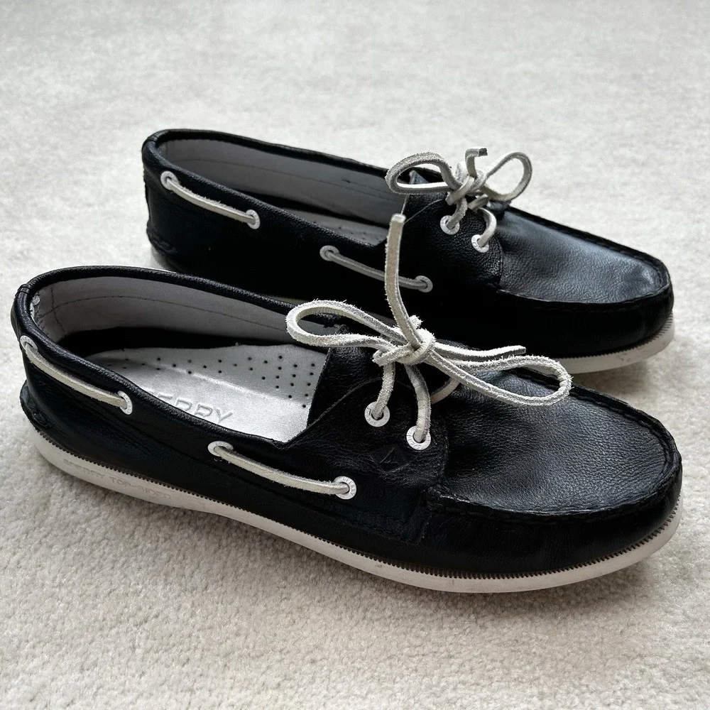 Sperry Top Sider Boat Shoes Womens 9 Leather Nautical 2 Eye Black White